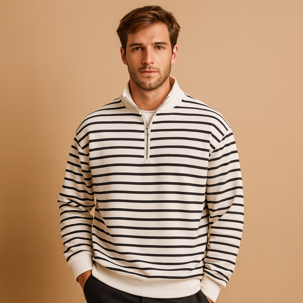 Men’s white pullover with black stripes and half-zip closure, offering a modern casual look for everyday wear in autumn, winter, and spring.