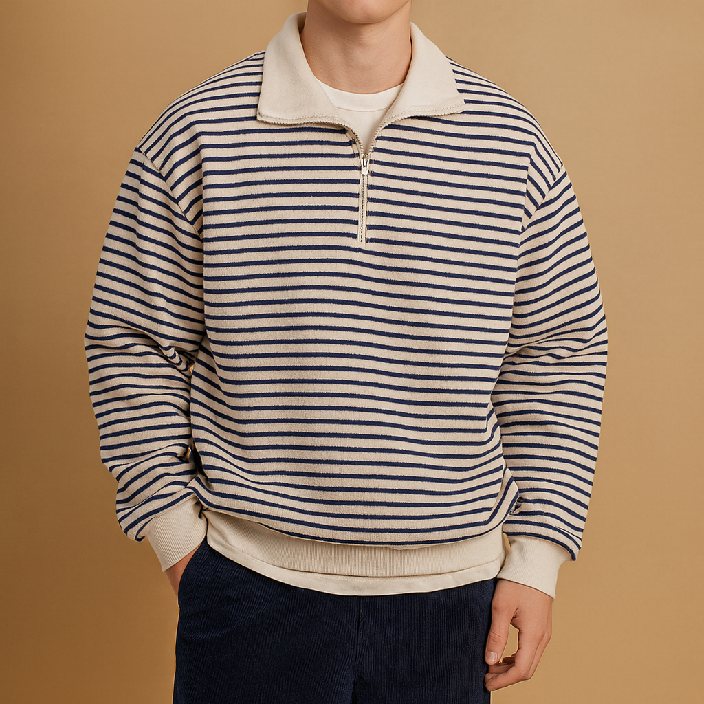 Men’s white pullover with black stripes and half-zip closure, offering a modern casual look for everyday wear in autumn, winter, and spring.