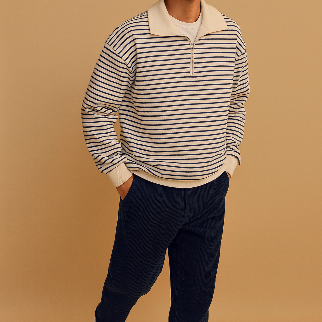 Men’s white pullover with black stripes and half-zip closure, offering a modern casual look for everyday wear in autumn, winter, and spring.