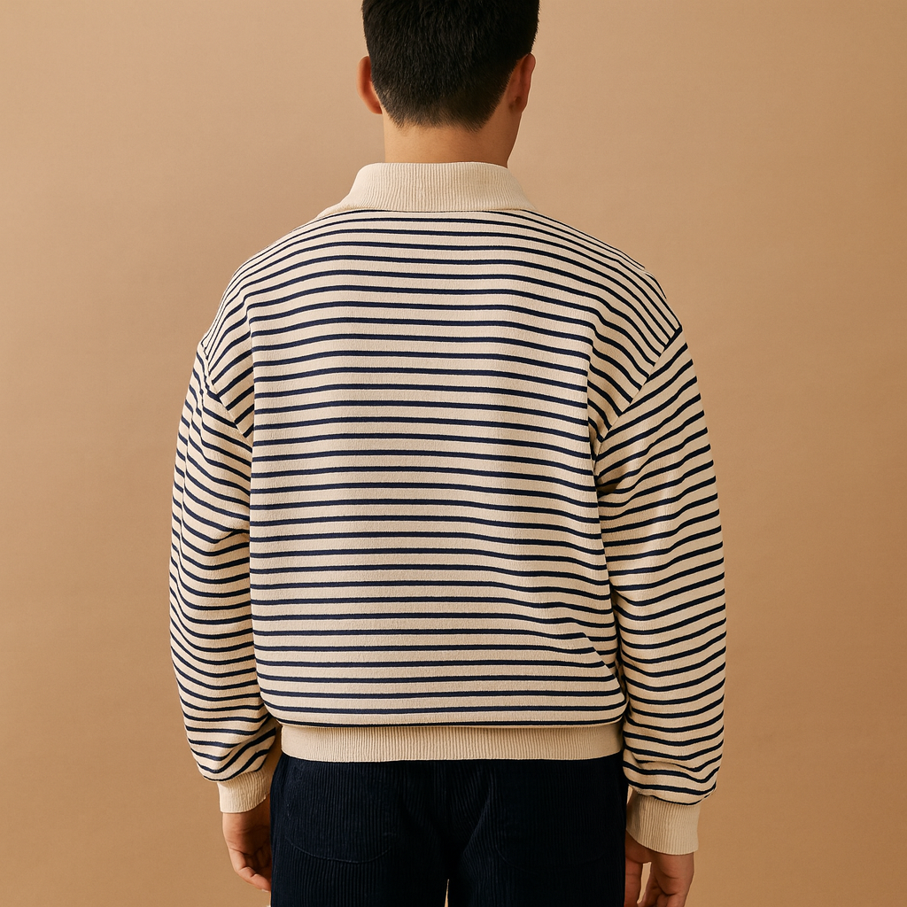 Men’s white pullover with black stripes and half-zip closure, offering a modern casual look for everyday wear in autumn, winter, and spring.