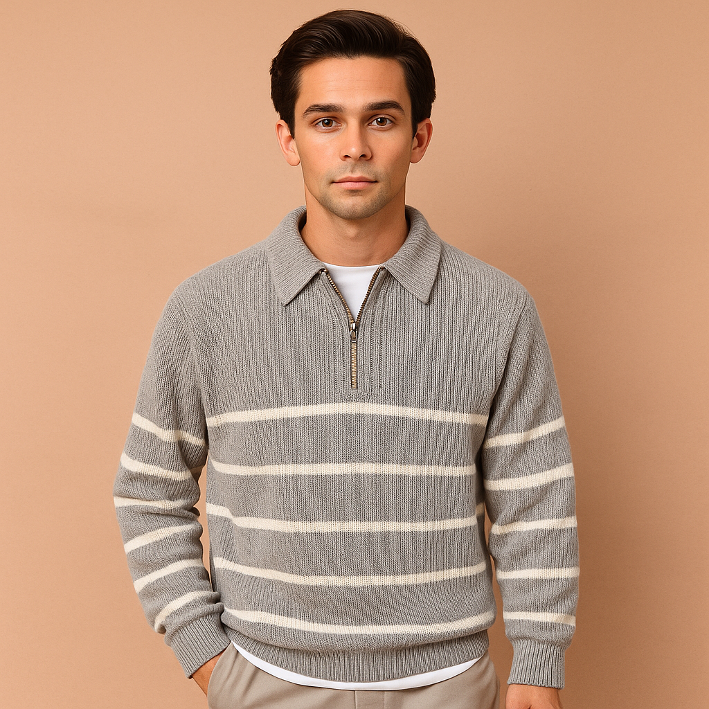 Men’s striped grey half-zip sweater with a modern design, offering lightweight warmth for autumn and winter outfits.
