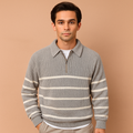Men’s striped grey half-zip sweater with a modern design, offering lightweight warmth for autumn and winter outfits.