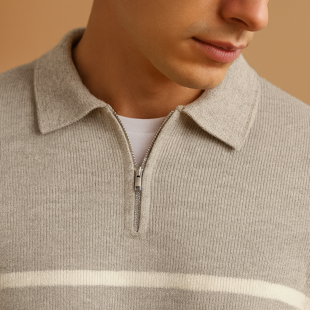 Men’s striped grey half-zip sweater with a modern design, offering lightweight warmth for autumn and winter outfits.