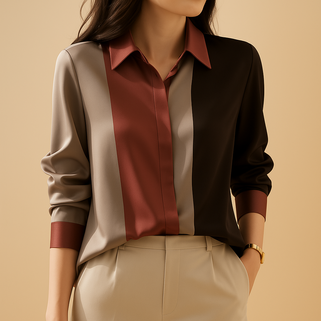 Women’s satin blouse with striped patchwork design, smooth finish, classic collar and a loose flattering fit for casual or formal wear.