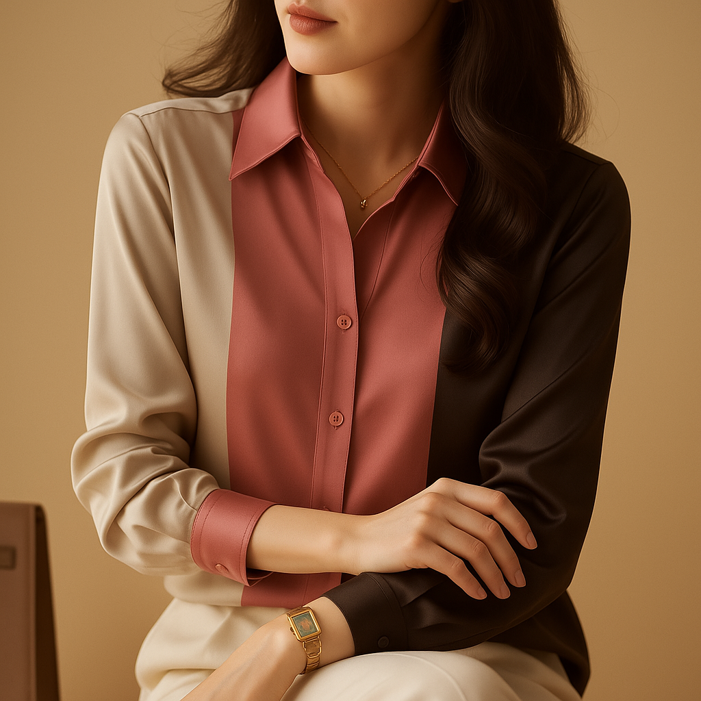 Women’s satin blouse with striped patchwork design, smooth finish, classic collar and a loose flattering fit for casual or formal wear.