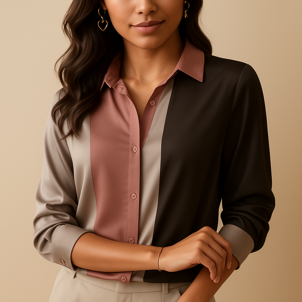 Women’s satin blouse with striped patchwork design, smooth finish, classic collar and a loose flattering fit for casual or formal wear.