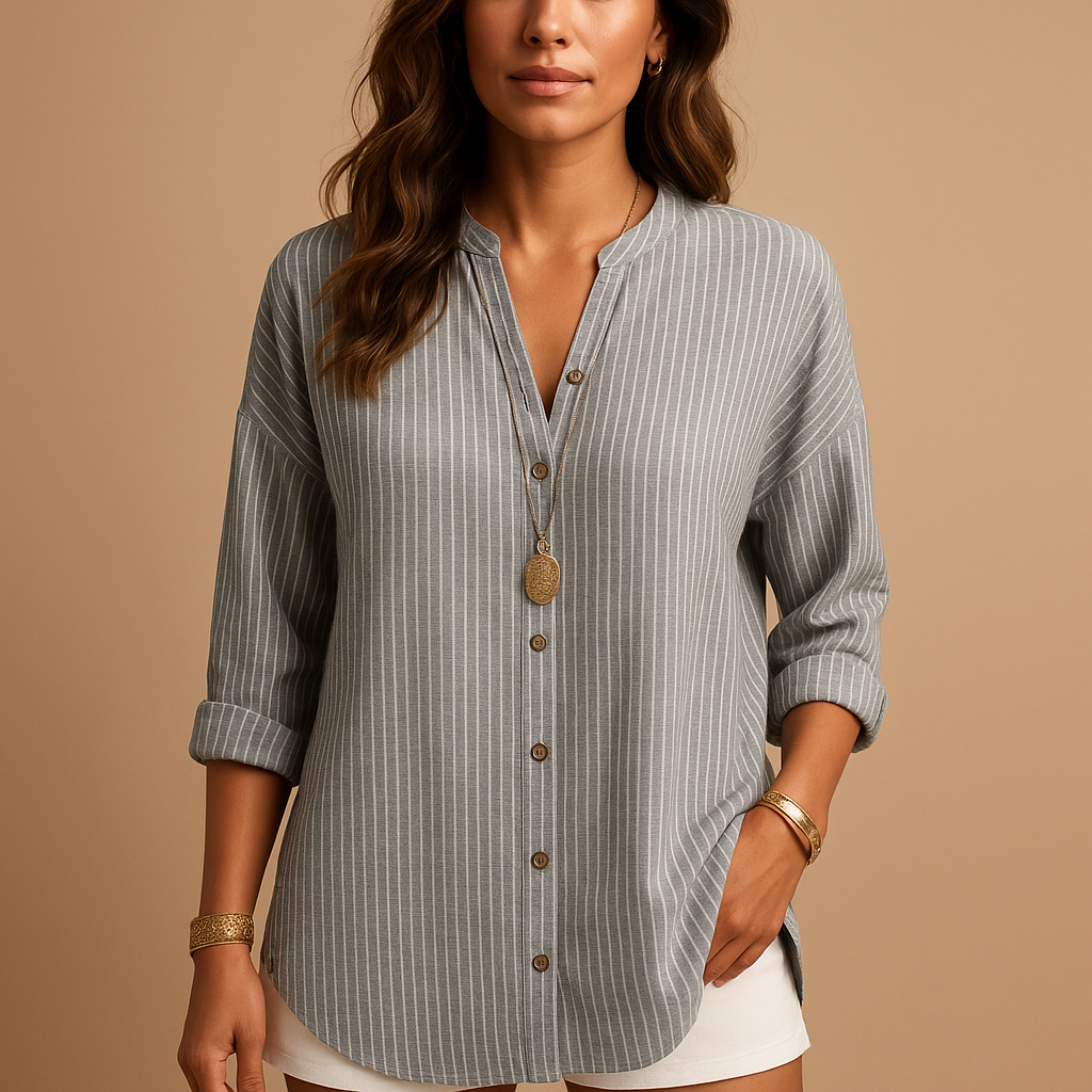 Women’s striped V-neck shirt with long sleeves and a breathable fit, ideal for work, casual outfits and polished everyday looks.