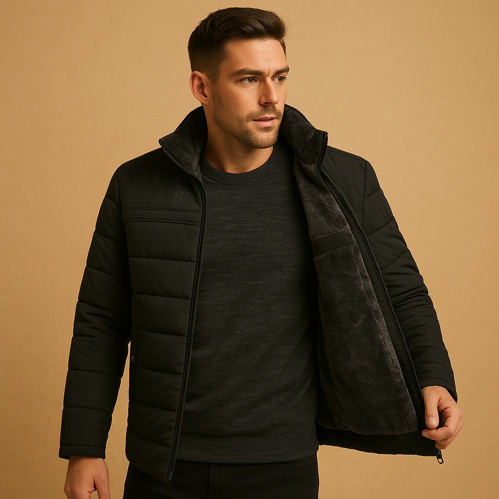 Men’s stylish fleece jacket with soft lining, high collar, and zip pockets, suitable for everyday wear, travel, and outdoor activities.