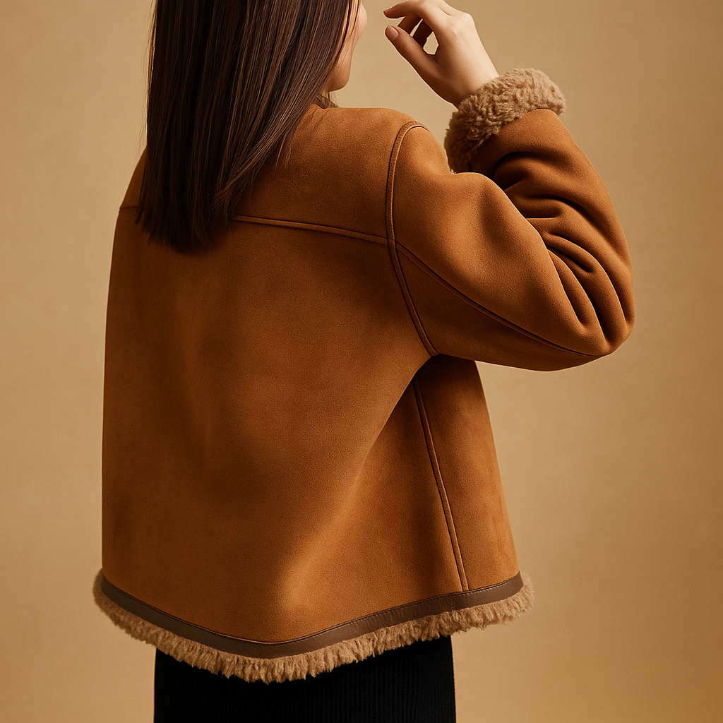 Woman wearing a suede-look coat with soft fleece lining, ideal for warm autumn days and layered winter outfits.