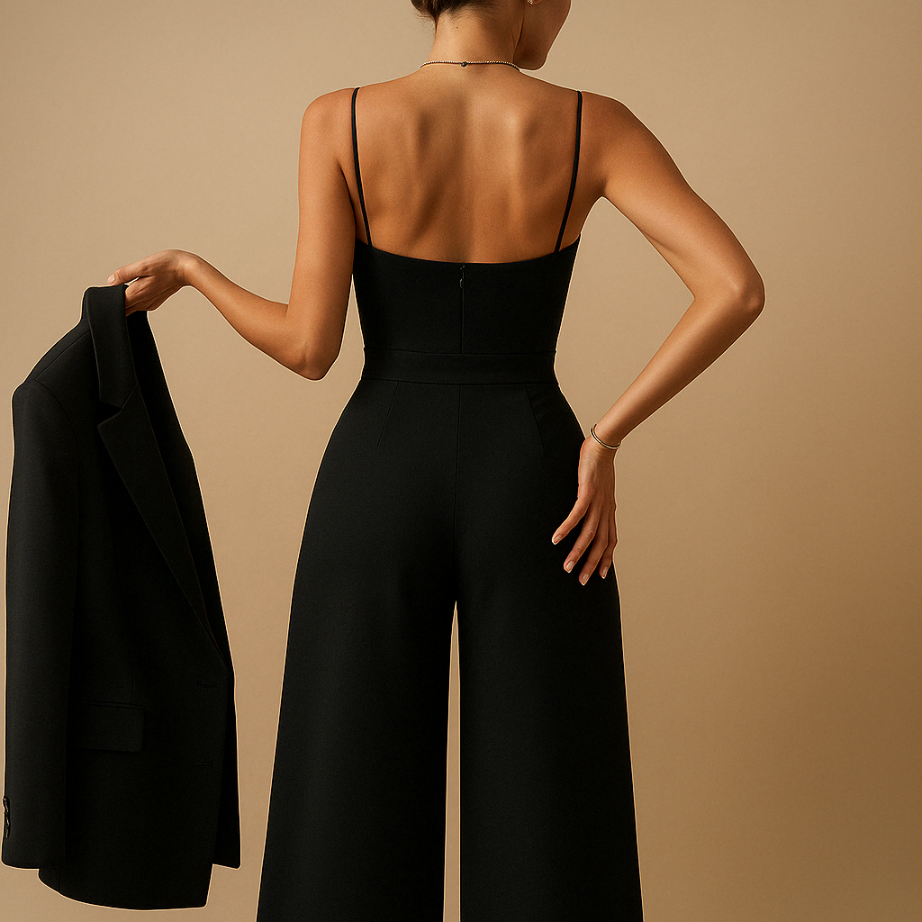 Woman wearing a summer casual jumpsuit with adjustable straps and a tailored fit, suitable for parties, day outings, and warm evenings.