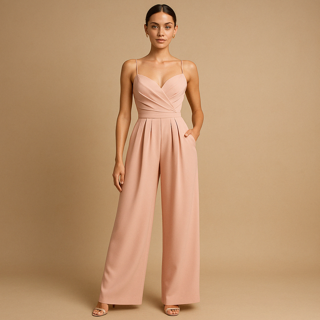 Woman wearing a summer casual jumpsuit with adjustable straps and a tailored fit, suitable for parties, day outings, and warm evenings.