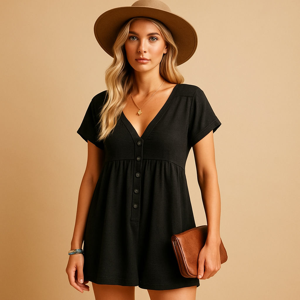 Woman wearing a lightweight V-neck summer jumpsuit with a loose breathable fit, ideal for beach days and casual summer outings.