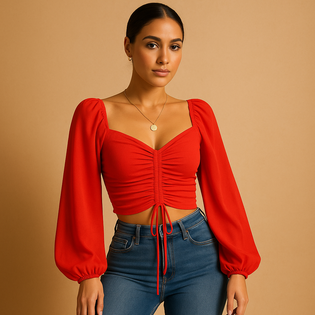 Women’s sweetheart neck blouse with a fitted silhouette and cord detail, available in multiple colors for casual and festive outfits.