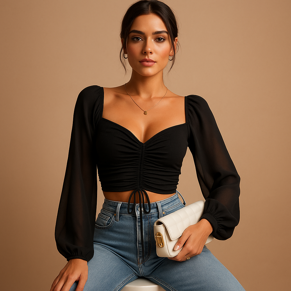 Women’s sweetheart neck blouse with a fitted silhouette and cord detail, available in multiple colors for casual and festive outfits.