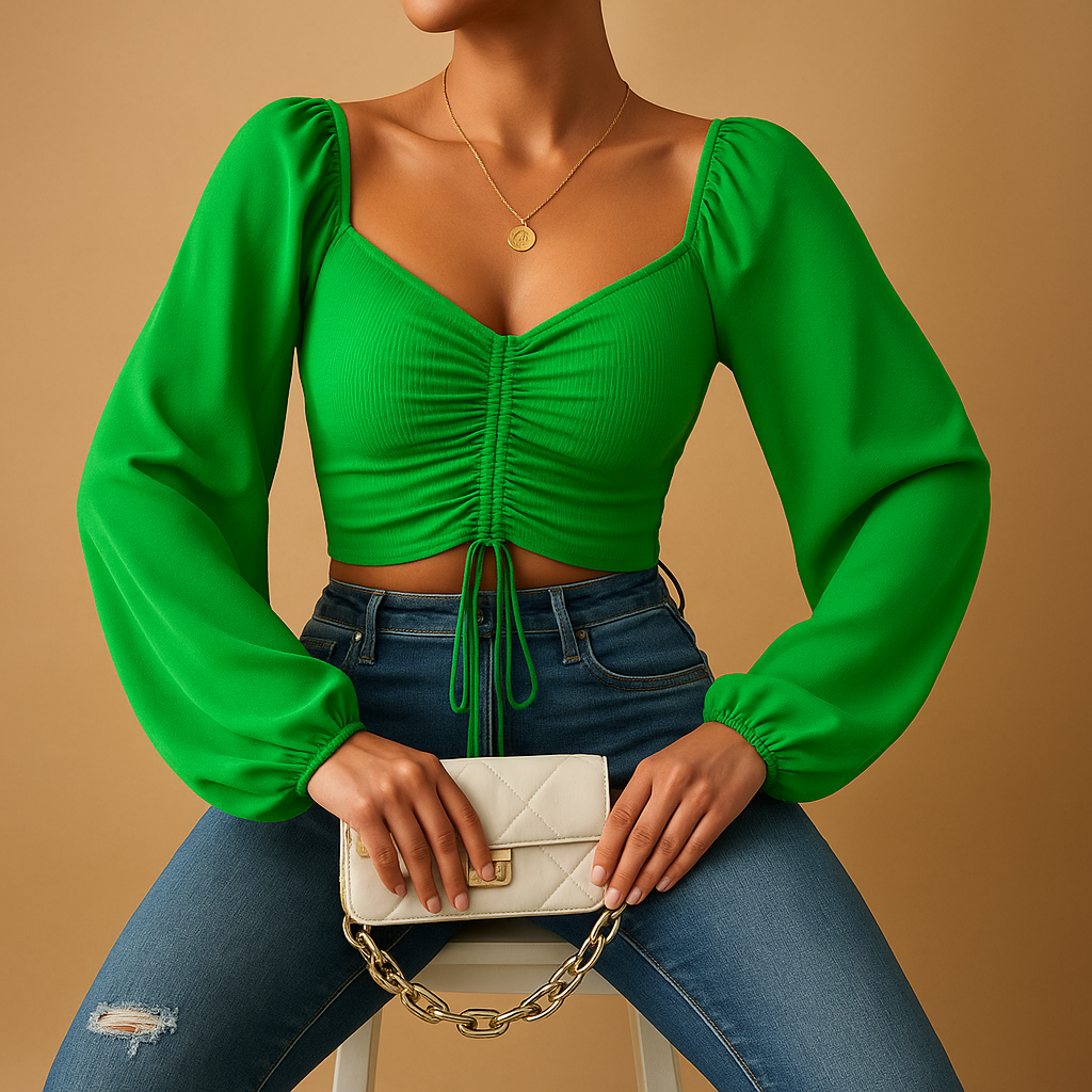 Women’s sweetheart neck blouse with a fitted silhouette and cord detail, available in multiple colors for casual and festive outfits.