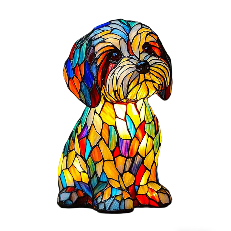 Table Lamp with Stained Glass Dog Design and Illuminated Mosaic Resin - Image 1