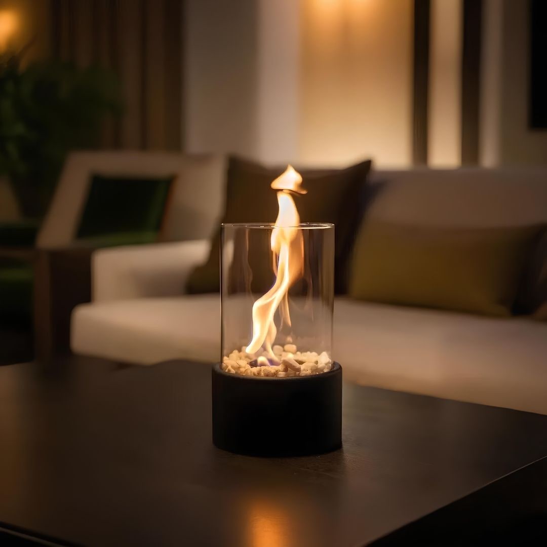 Tabletop Fire Pit with Smokeless Portable Glass Cylinder and Decorative Stones - Image 1