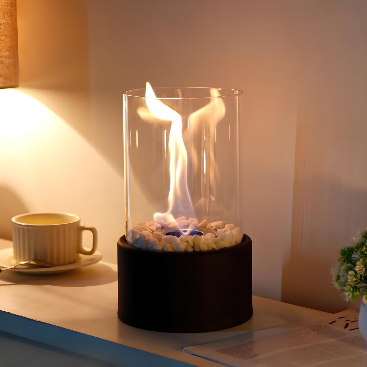 Tabletop Fire Pit with Smokeless Portable Glass Cylinder and Decorative Stones - Image 4