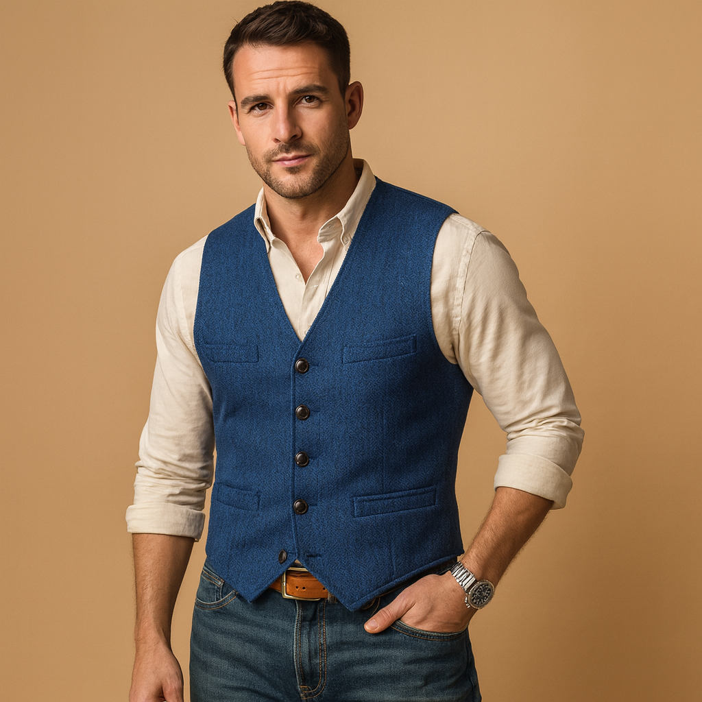 Men’s tailored waistcoat with button closure, adjustable fit, and practical pockets, ideal for formal and casual autumn and winter outfits.