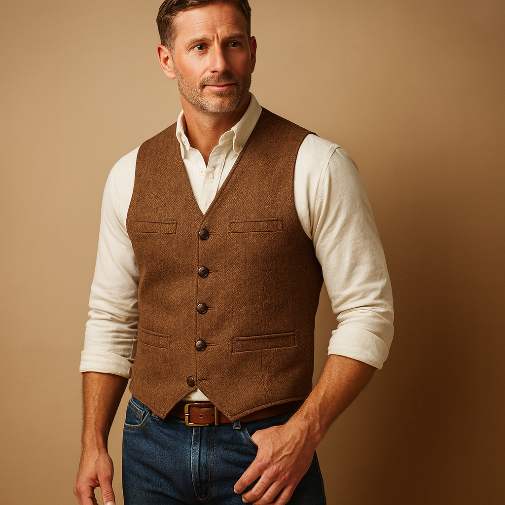 Men’s tailored waistcoat with button closure, adjustable fit, and practical pockets, ideal for formal and casual autumn and winter outfits.