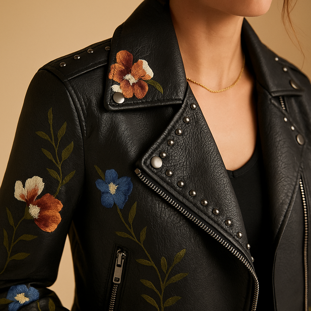 Woman wearing a tailored fitted jacket for women with a sleek silhouette and zipper pockets, styled with jeans and evening outfits.