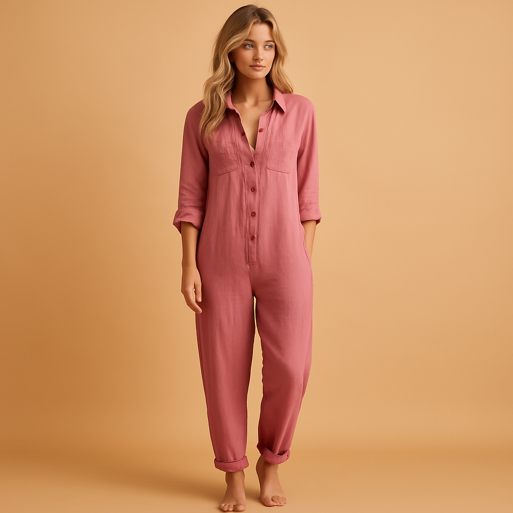 Woman wearing a tailored polo-collar jumpsuit with a fitted waist and tapered legs, ideal for work or stylish daily outfits.