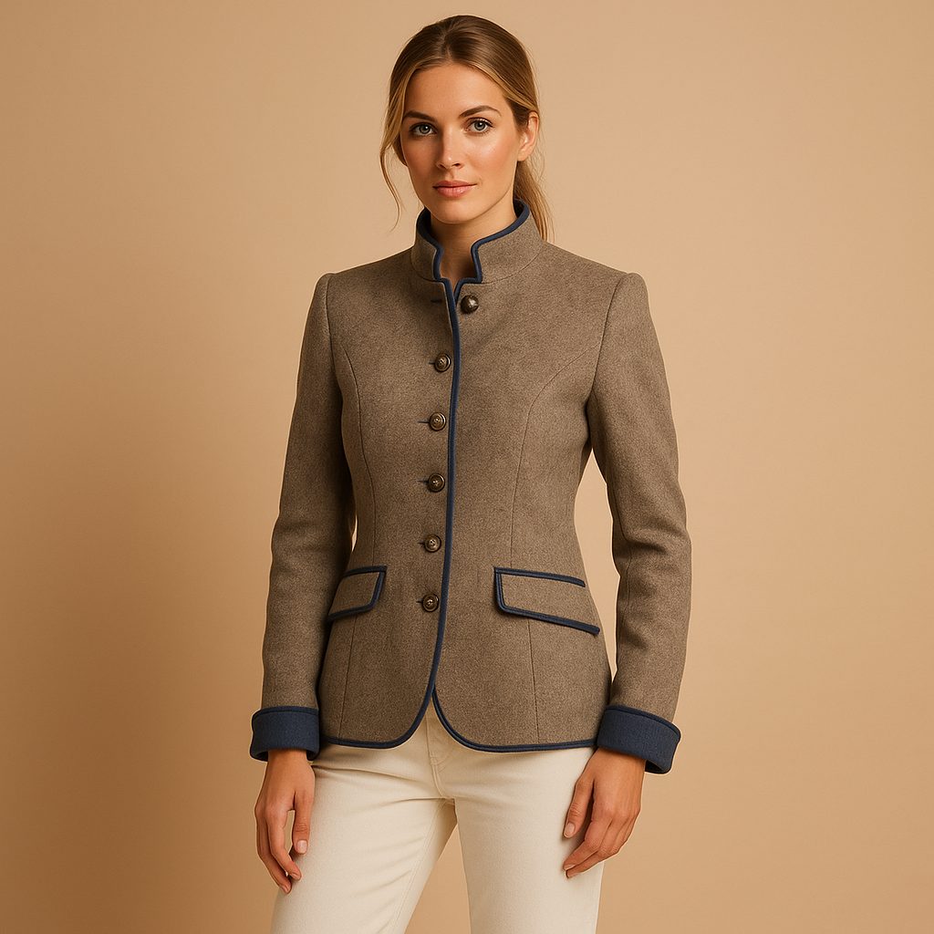 Woman wearing a light brown tailored stretch coat with a flattering fitted silhouette, ideal for work, business meetings, and evening outfits.