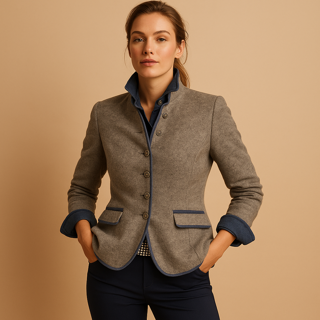 Woman wearing a light brown tailored stretch coat with a flattering fitted silhouette, ideal for work, business meetings, and evening outfits.
