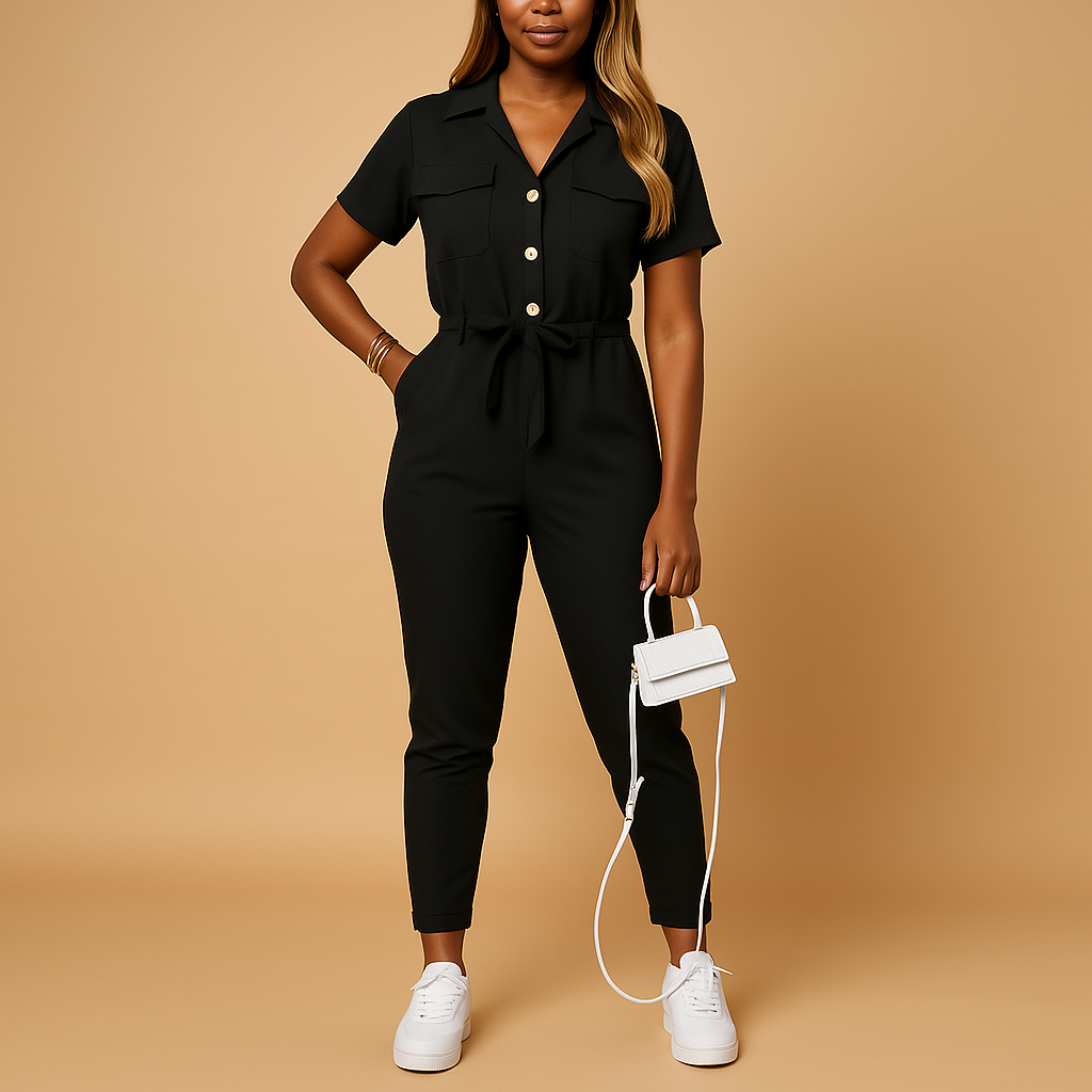 Woman wearing a tailored waist jumpsuit with a flattering fit, button closure, and refined details, suitable for work, social events, and evening dinners.