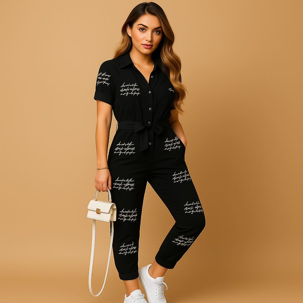 Woman wearing a tailored waist jumpsuit with a flattering fit, button closure, and refined details, suitable for work, social events, and evening dinners.
