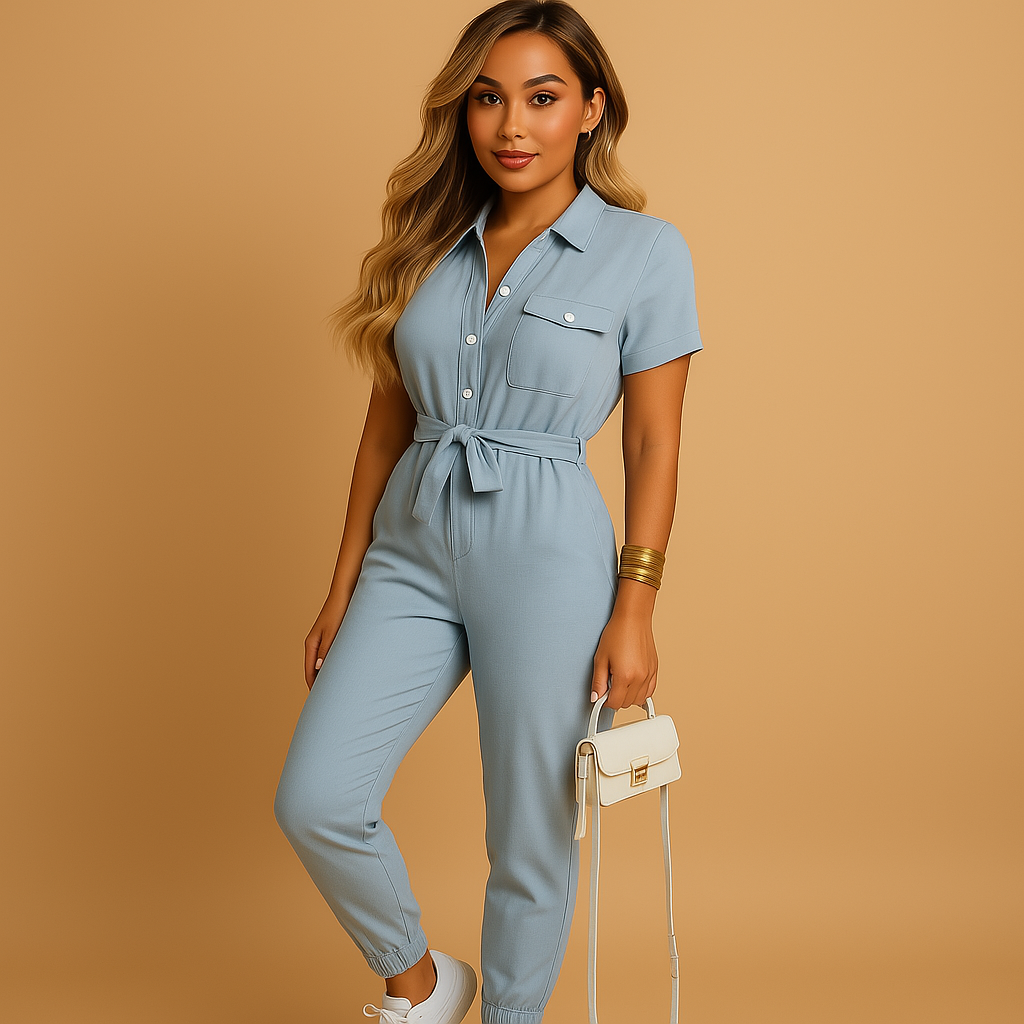 Woman wearing a tailored waist jumpsuit with a flattering fit, button closure, and refined details, suitable for work, social events, and evening dinners.