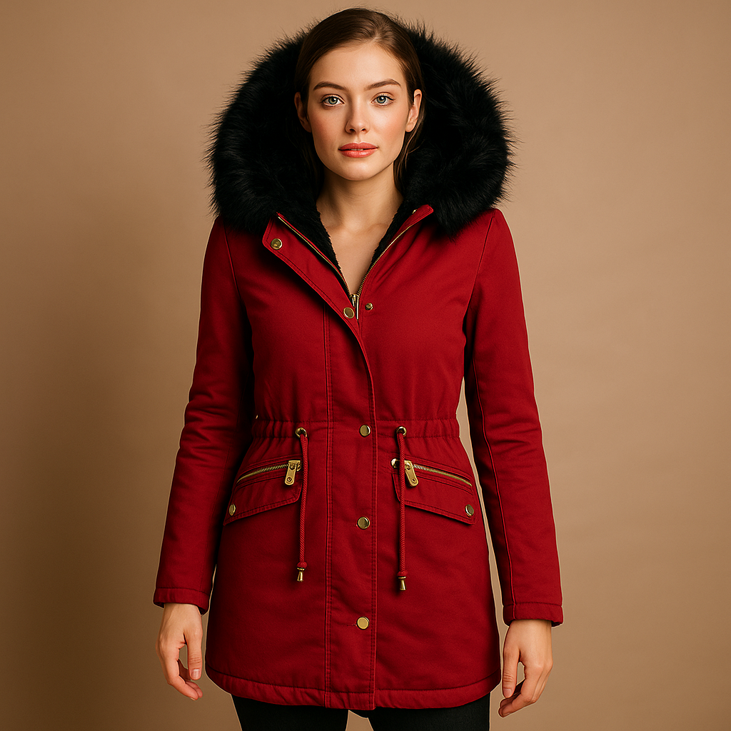 Women’s thermal winter coat with faux-fur hood, insulated design, and secure closure for warm, stylish cold-weather outfits.
