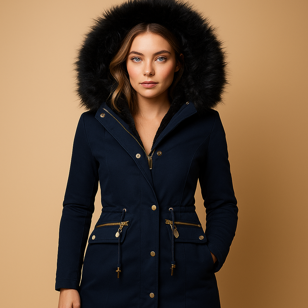 Women’s thermal winter coat with faux-fur hood, insulated design, and secure closure for warm, stylish cold-weather outfits.