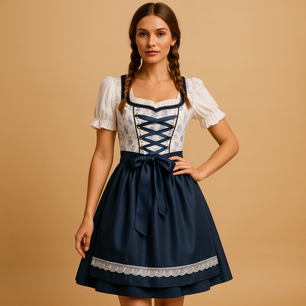 Traditional dirndl dress for women with lace details and matching apron, ideal for Oktoberfest, themed parties, and cultural celebrations.