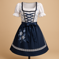 Women’s traditional Oktoberfest lace dress in blue with matching apron, ideal for festivals, themed parties, and Bavarian celebrations.