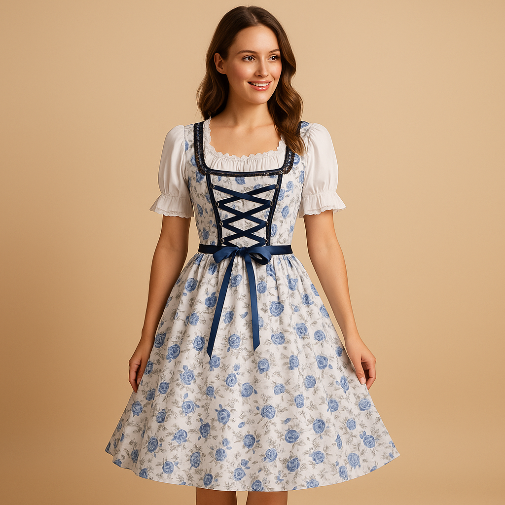 Women’s traditional Oktoberfest lace dress in blue with matching apron, ideal for festivals, themed parties, and Bavarian celebrations.