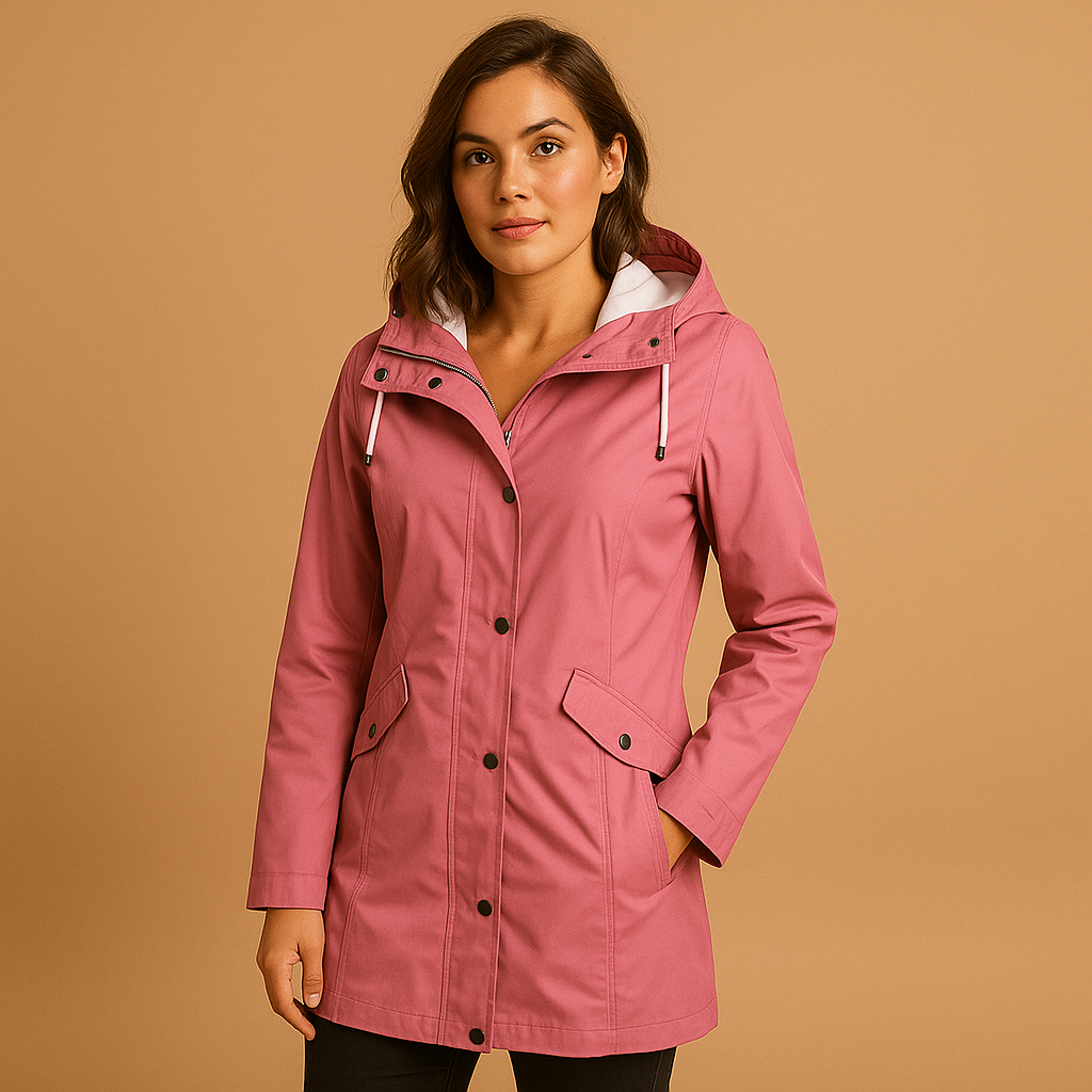Woman wearing a transparent raincoat with hood and button closure, ideal for staying chic and comfortable during rainy weather.
