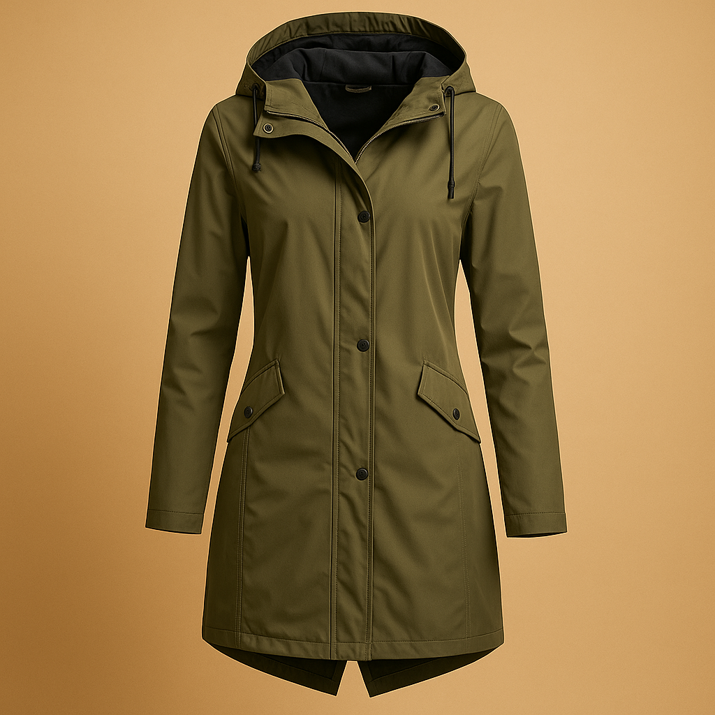 Woman wearing a transparent raincoat with hood and button closure, ideal for staying chic and comfortable during rainy weather.