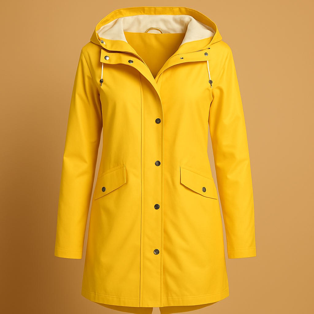 Woman wearing a transparent raincoat with hood and button closure, ideal for staying chic and comfortable during rainy weather.