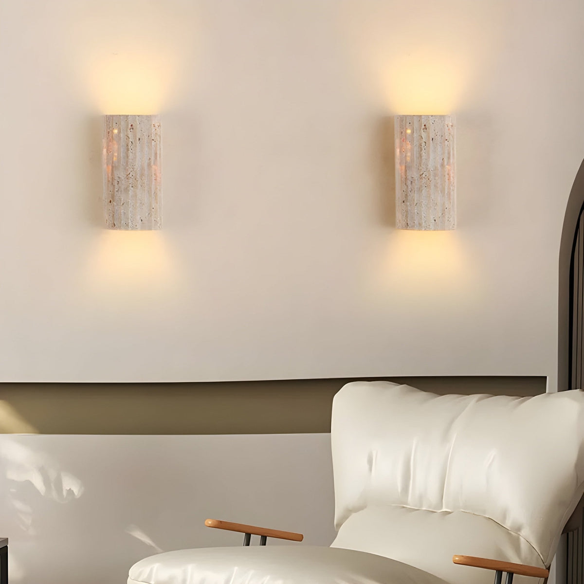 Travertine Wall Sconce with Fluted Stone Texture and Warm LED Lighting - Image 1