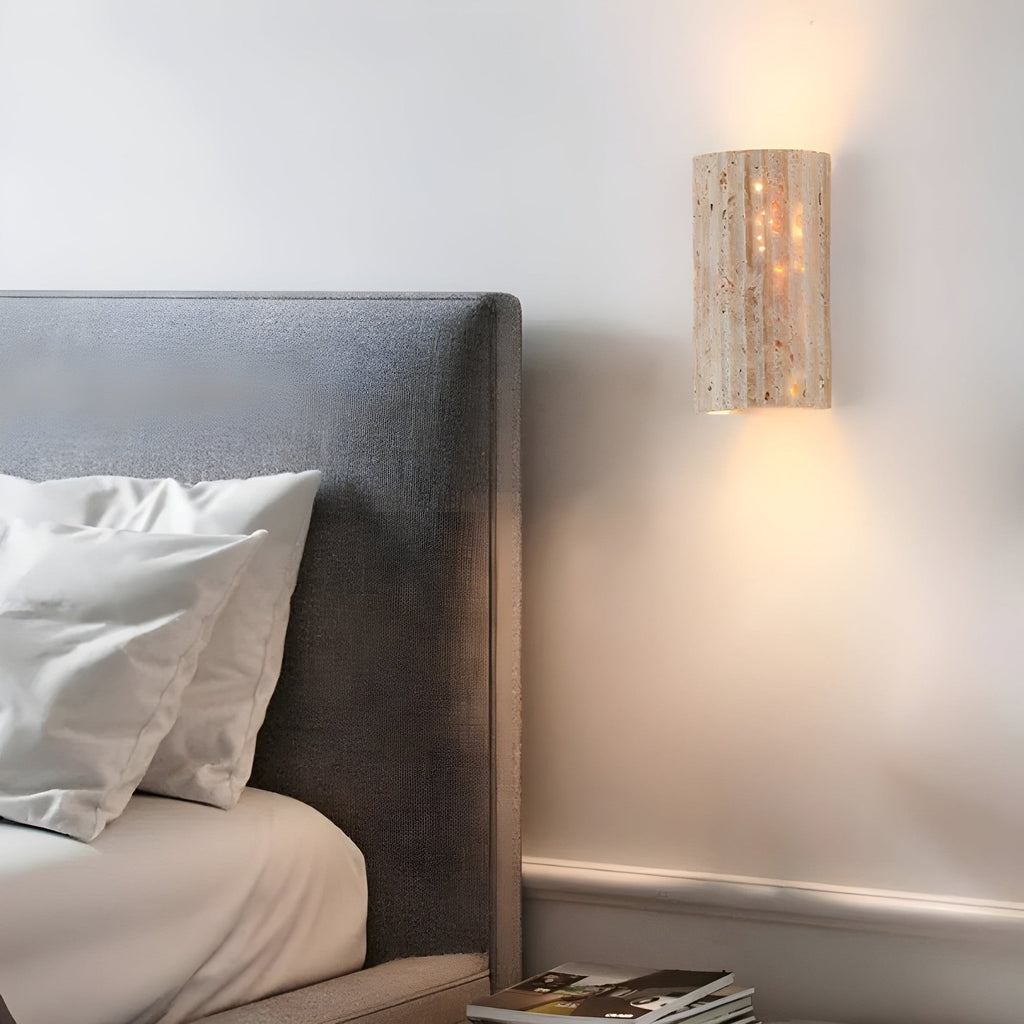 Travertine Wall Sconce with Fluted Stone Texture and Warm LED Lighting - Image 2