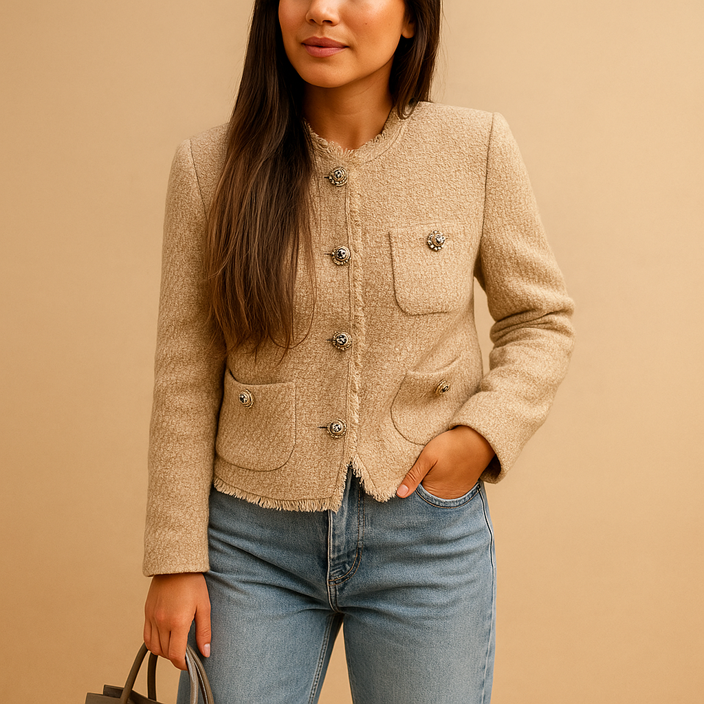 Women’s tweed blazer jacket with structured silhouette, button closure, and classic collar, ideal for business and casual chic styling.