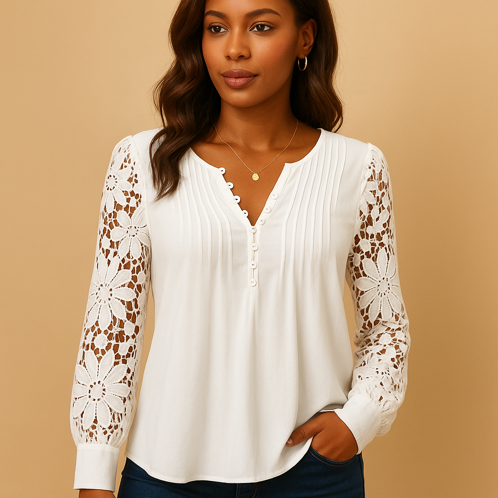 Women’s elegant V-neck blouse with lace details in white or black, ideal for both everyday wear and formal occasions.