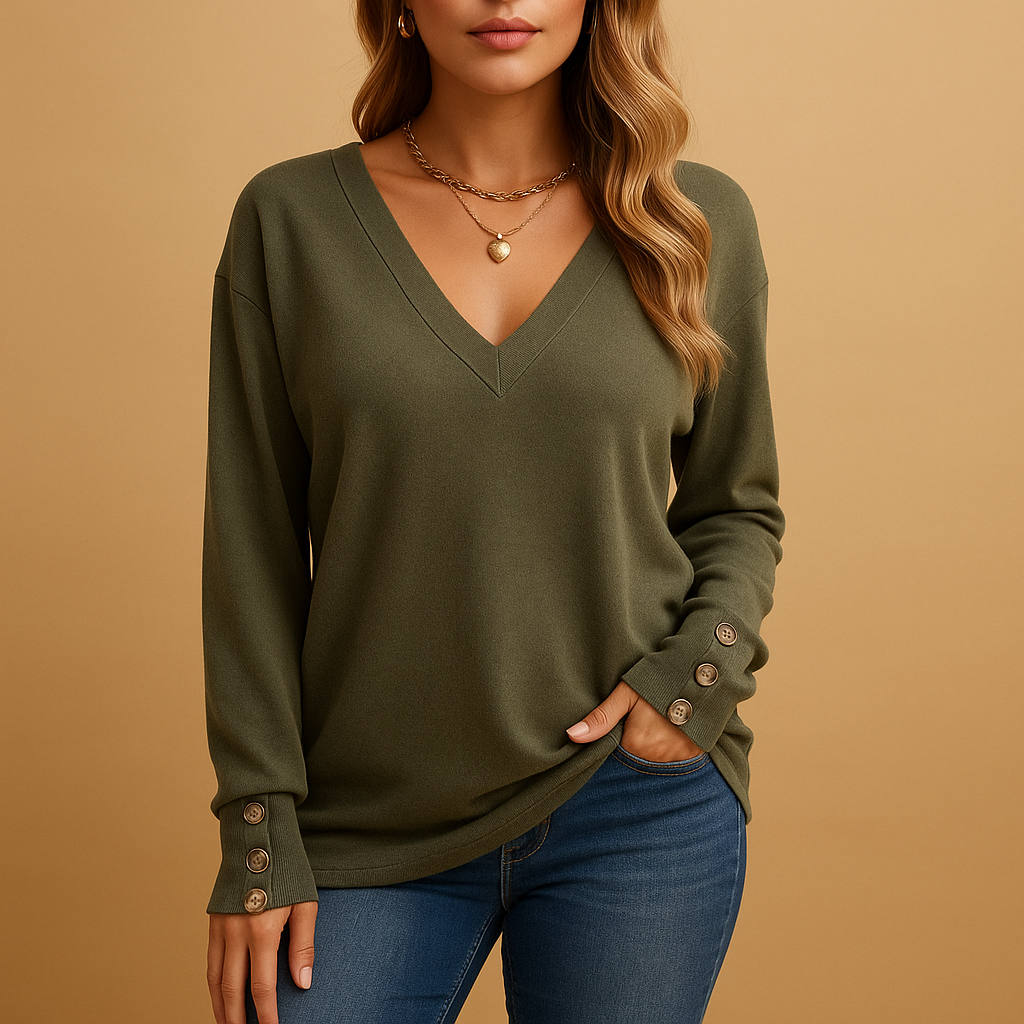 Women’s V-neck blouse with button details in multiple colors, featuring a loose and comfortable fit for daily and office wear.