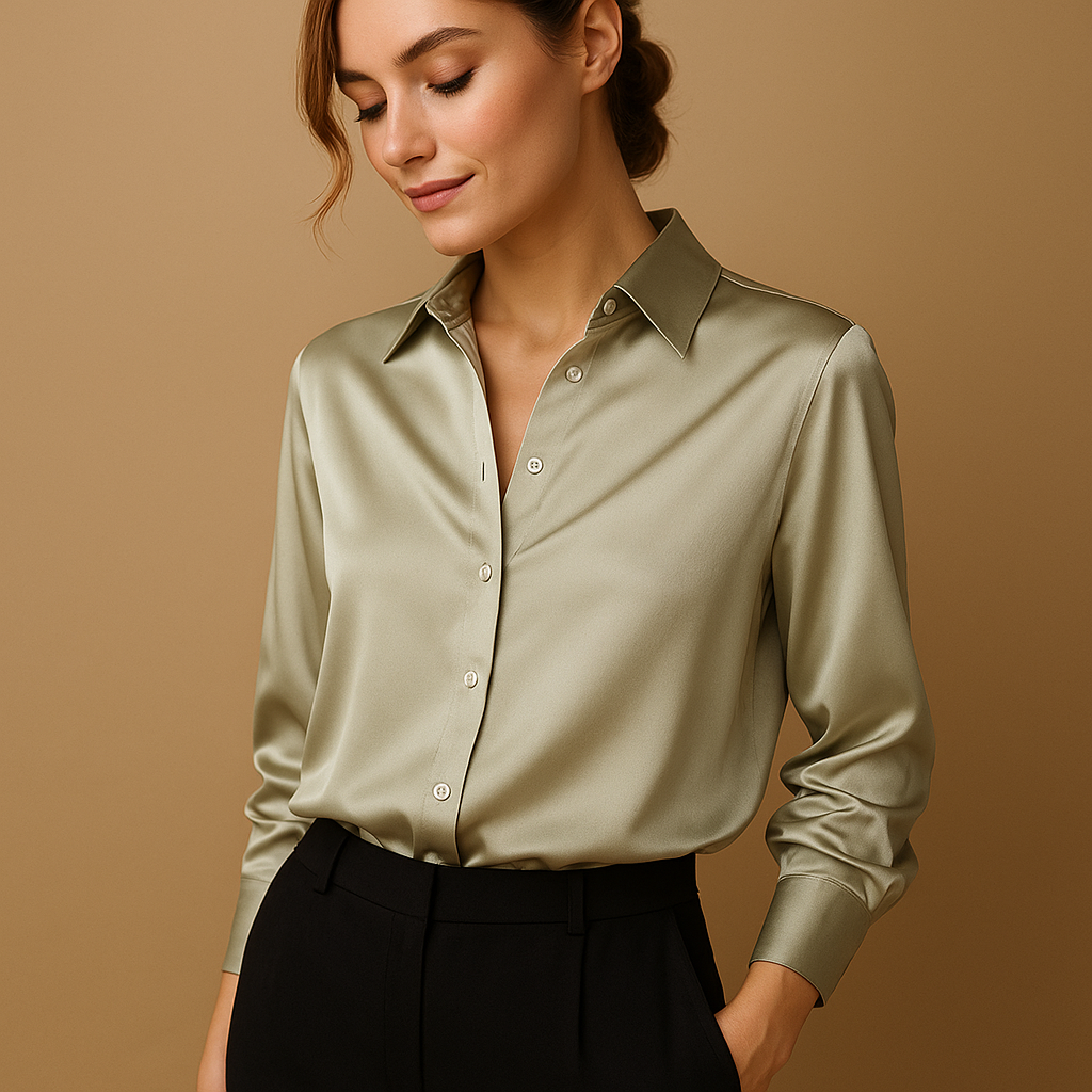 Women’s V-neck blouse with collar and button closure in soft neutral tones, designed for a loose and elegant fit.