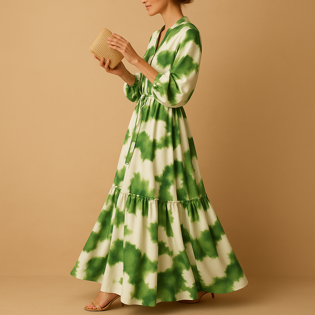 V-neck maxi dress with long sleeves for women featuring a flowing silhouette, perfect for formal events, evening dinners, and festive occasions.