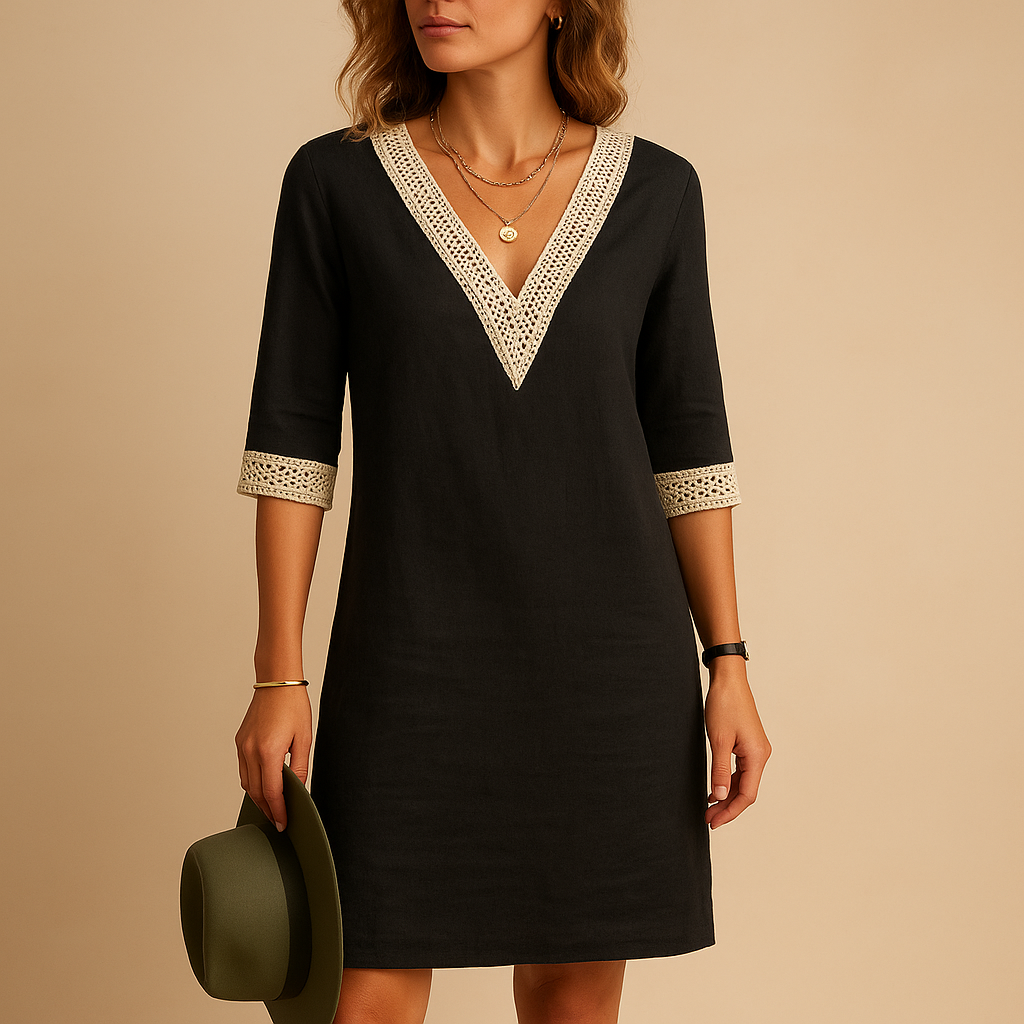 V-neck summer dress with lace details for women featuring three-quarter sleeves and a relaxed fit, perfect for beach days and casual summer outings.