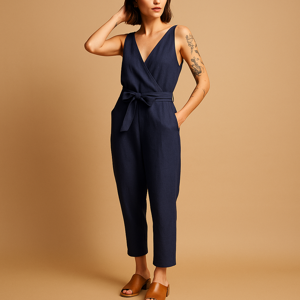 Woman wearing a loose-fit V-neck summer jumpsuit with an adjustable waistband, ideal for beach days and casual summer outings.