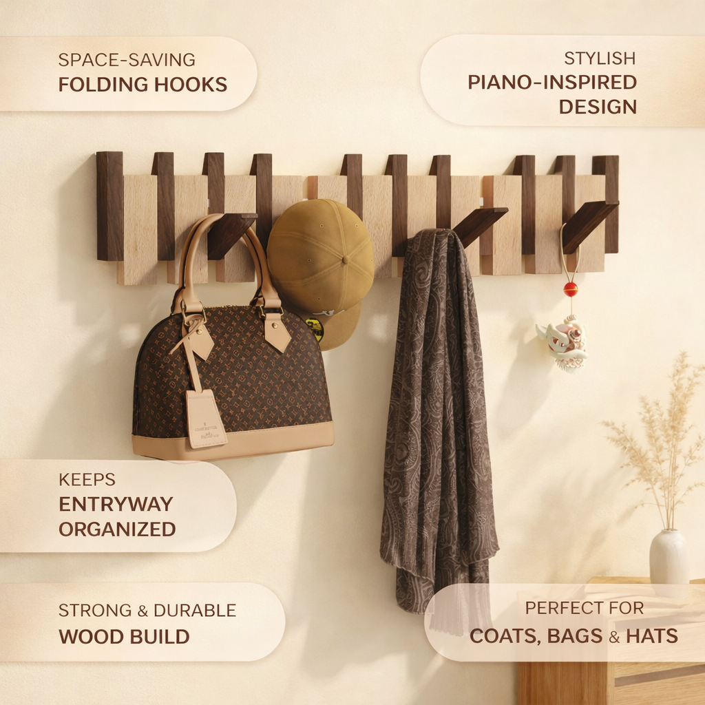 Wall Coat Rack with Foldable Hooks and Piano Key Design - Image 5
