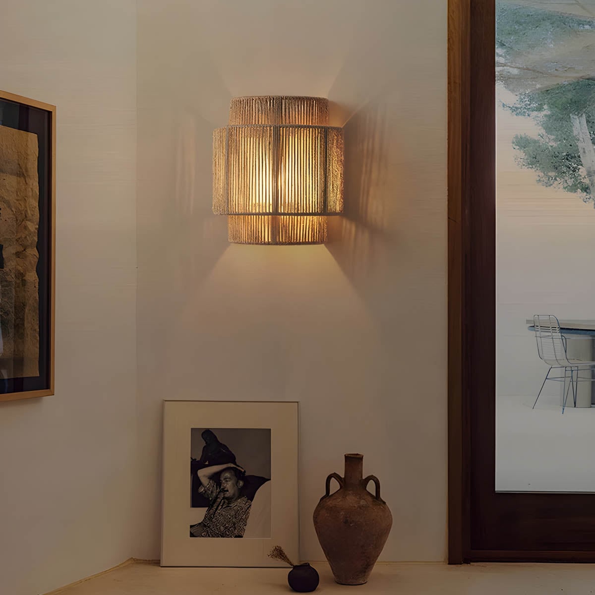 Wall Sconce with Woven Jute Rope Tiered Shade and Translucent Diffuser - Image 1